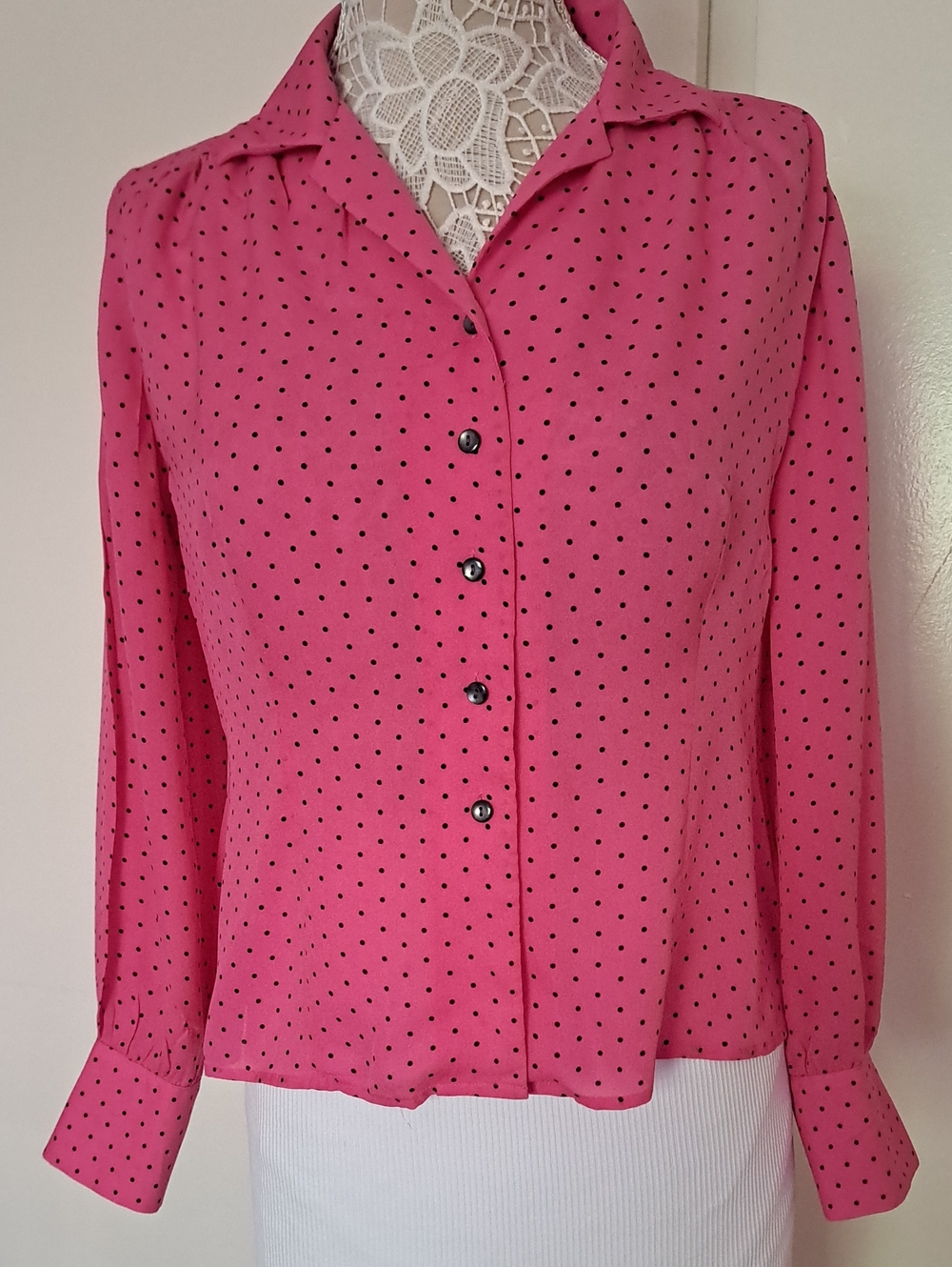 Jones New York Petite Pink Polka Dot Silk Blouse